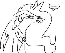 Size: 581x479 | Tagged: safe, artist:nobody, princess celestia, alicorn, pony, ..., disgusted, female, floppy ears, frown, lidded eyes, looking at you, mare, monochrome, open mouth, reaction image, simple background, sitting, sketch, solo, white background