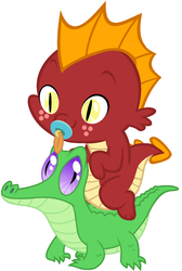 Size: 786x1167 | Tagged: safe, artist:red4567, garble, gummy, dragon, g4, baby dragon, baby garble, cute, dragons riding gators, garble riding gummy, gardorable, pacifier, riding, weapons-grade cute