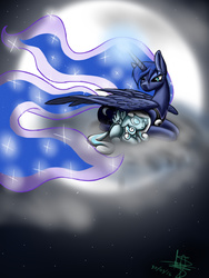 Size: 768x1024 | Tagged: safe, artist:andreuxsalz, princess luna, oc, oc:snowdrop, g4, cloud, floppy ears, hug, moon, prone, winghug