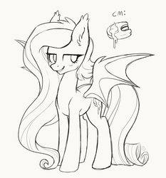 Size: 2800x3000 | Tagged: safe, artist:hawthornss, oc, oc only, oc:midnight delight, bat pony, pony, bedroom eyes, blushing, ear fluff, grin, high res, long mane, male, monochrome, simple background, sketch, smiling, solo, spread wings, trap, wip