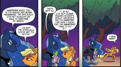 Size: 1292x718 | Tagged: safe, artist:tony fleecs, idw, official comic, applejack, princess luna, alicorn, dragon, earth pony, pony, g4, ponies of dark water, spoiler:comic, spoiler:comic43, comic, cropped, donaldjack, ethereal mane, evil, female, fog, male, mare, night, running away, speech bubble, starry mane, trio