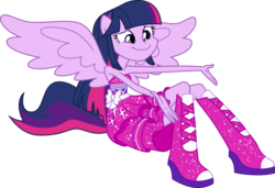 Size: 5854x4000 | Tagged: safe, artist:missgoldendragon, twilight sparkle, equestria girls, g4, .svg available, absurd resolution, bare shoulders, boots, clothes, dress, fall formal outfits, female, high heel boots, ponied up, ponyscape, reaching, simple background, sitting, sleeveless, smiling, solo, spread wings, strapless, transparent background, twilight ball dress, twilight sparkle (alicorn), vector, wings