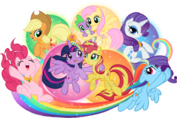 Size: 1024x684 | Tagged: safe, artist:sakuyamon, applejack, fluttershy, pinkie pie, rainbow dash, rarity, spike, sunset shimmer, twilight sparkle, alicorn, dragon, earth pony, pegasus, pony, unicorn, g4, elements of harmony, mane seven, mane six, twilight sparkle (alicorn), watermark