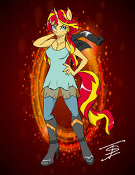 Size: 1275x1650 | Tagged: safe, artist:edoki, sunset shimmer, unicorn, anthro, plantigrade anthro, g4, clothes, equestria girls outfit, female, hand on hip, high heel boots, hoof boots, solo