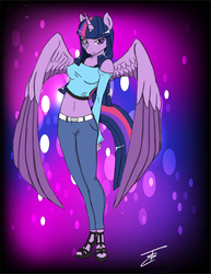 Size: 1275x1650 | Tagged: safe, artist:edoki, twilight sparkle, alicorn, anthro, plantigrade anthro, g4, belly button, breasts, clothes, female, high heels, jeans, midriff, off shoulder, pants, sandals, shirt, short shirt, solo, spread wings, twilight sparkle (alicorn)