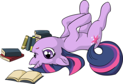 Size: 1685x1150 | Tagged: safe, artist:sapphfyr, twilight sparkle, pony, unicorn, g4, book, cute, female, floppy ears, mare, on back, open mouth, simple background, solo, transparent background, twiabetes, unicorn twilight