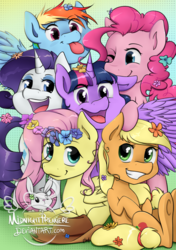 Size: 736x1044 | Tagged: safe, artist:midnightpremiere, angel bunny, applejack, fluttershy, pinkie pie, rainbow dash, rarity, twilight sparkle, alicorn, pony, g4, mane six, tongue out, twilight sparkle (alicorn)