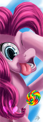 Size: 700x2000 | Tagged: safe, artist:dsc-the-artist, pinkie pie, g4, candy, female, food, lollipop, parody, pinkie promise, solo, tongue out