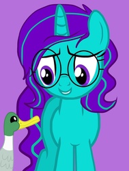 Size: 894x1181 | Tagged: safe, artist:aquaseasplash, oc, oc only, oc:aqualuna sea splash, duck, mallard, pony, unicorn, duo, female, glasses, male, mare, purple background, simple background, solo