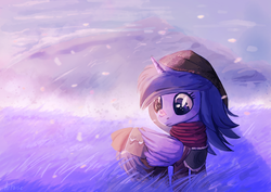 Size: 1024x724 | Tagged: safe, artist:arfaise, oc, oc only, oc:krinita, ambient.prologue, ambient, clothes, female, filly, hat, snow, snowfall, solo, winter outfit, woona, younger