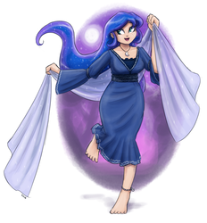 Size: 1280x1377 | Tagged: safe, artist:king-kakapo, princess luna, human, g4, anklet, barefoot, clothes, dress, feet, female, humanized, jewelry, light skin, multiple variants, necklace, open mouth, shawl, smiling, solo