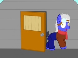 Size: 1280x957 | Tagged: safe, artist:minty candy, oc, oc only, oc:static charge, earth pony, pony, fallout equestria, fallout equestria: empty quiver, awkward, clothes, door, goggles, hangar, jacket, pushing, scarf, solo, story, wide eyes