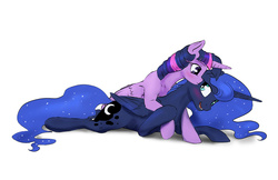 Size: 1280x828 | Tagged: safe, artist:silfoe, princess luna, twilight sparkle, alicorn, pony, royal sketchbook, g4, blushing, cuddling, duo, female, kissing, lesbian, mare, ship:twiluna, shipping, simple background, snuggling, twilight sparkle (alicorn), white background