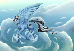 Size: 3000x2100 | Tagged: safe, artist:xkittyblue, oc, oc only, oc:dark tempest, alicorn, pony, cloud, flying, high res, solo