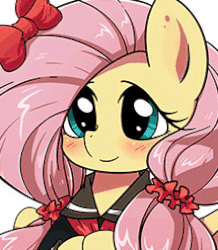 Size: 221x253 | Tagged: safe, artist:yukandasama, fluttershy, pegasus, pony, g4, animated, blushing, bow, bowtie, clothes, cute, female, floppy ears, hair bow, happy, mare, pigtails, pouting, sad, shyabetes, smiling, solo