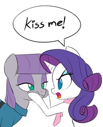Size: 817x1000 | Tagged: safe, artist:hidden-cat, maud pie, rarity, earth pony, pony, unicorn, g4, eye contact, female, frown, glare, imminent kissing, implied lesbian, lesbian, looking at each other, mare, open mouth, puffy cheeks, ship:rarimaud, shipping, simple background, squishy cheeks, white background