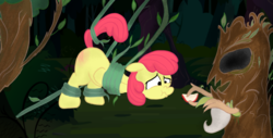 Size: 1313x668 | Tagged: safe, artist:woox, apple bloom, earth pony, pony, g4, apple, bondage, context is for the weak, discipline, female, food, forest, reddened butt, spanked, spanking, tangled up, tree, vine
