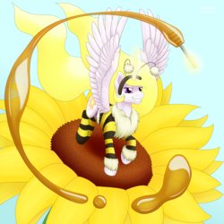 Size: 3000x3000 | Tagged: safe, artist:haretrinity, princess celestia, g4, bee costume, beelestia, clothes, female, grin, high res, smiling, solo, spread wings, sunflower