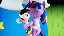Size: 1280x720 | Tagged: safe, artist:cryotimberwolf, pipsqueak, twilight sparkle, alicorn, pony, g4, 3d, bed, cute, day, female, kissing, male, shipping, sleeping, source filmmaker, straight, straight shota, surprise kiss, surprised, this will end in jail time, twilight is a colt coddler, twilight is a foal fiddler, twilight sparkle (alicorn), twipip