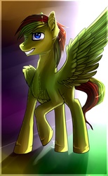 Size: 702x1139 | Tagged: safe, artist:rainbowaliona, derpibooru exclusive, oc, oc only, oc:firebolt, pegasus, pony, male, one eye closed, raised hoof, smiling, solo, spread wings, stallion, standing, wink