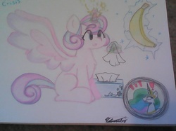 Size: 1087x815 | Tagged: safe, artist:linda, princess celestia, princess flurry heart, g4, banana, food, levitation, magic, telekinesis, tissue, tissue box, traditional art