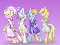 Size: 1600x1200 | Tagged: safe, artist:azurepicker, applejack, fluttershy, rainbow dash, rarity, pony, semi-anthro, g4, arm hooves, bipedal, clothes, slippers, tank slippers