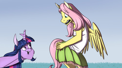 Size: 1920x1080 | Tagged: safe, artist:namyg, fluttershy, twilight sparkle, anthro, .mov, dress.mov, g4, butt, clothes, equestria girls outfit, female, literal butthurt, pain, plot, poking, satire, skirt