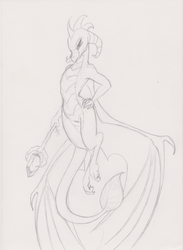 Size: 2396x3281 | Tagged: safe, artist:nakijan, princess ember, dragon, g4, bloodstone scepter, dragon lord ember, female, high res, looking at you, monochrome, pencil drawing, solo, traditional art
