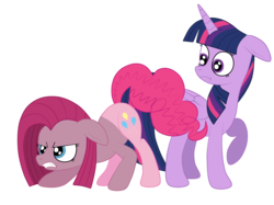 Size: 2592x1936 | Tagged: safe, artist:squipycheetah, pinkie pie, twilight sparkle, alicorn, pony, g4, angry, crouching, female, floppy ears, folded wings, gritted teeth, lesbian, pinkamena diane pie, protecting, raised hoof, ship:twinkie, shipping, simple background, story included, surprised, teeth, transformation, transparent background, twilight sparkle (alicorn), vector, watermark, wide eyes, yandere, yandere pie