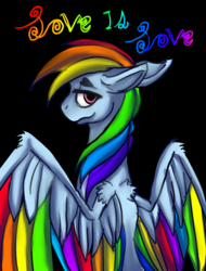 Size: 891x1174 | Tagged: safe, artist:brainiac, rainbow dash, pegasus, pony, g4, female, gay pride, gay pride flag, large wings, looking at you, looking back, looking back at you, love is love, mare, pride, rainbow power, solo