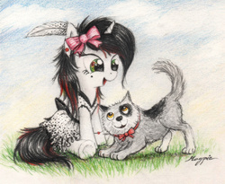 Size: 952x779 | Tagged: safe, artist:magfen, oc, oc only, oc:bloody herb, dog, bow, bracelet, clothes, dress, ear piercing, feather, female, filly, hair bow, jewelry, piercing, solo, traditional art, younger