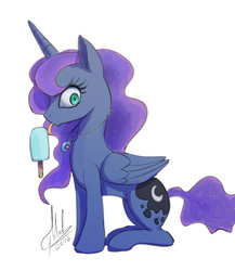 Size: 600x690 | Tagged: dead source, safe, artist:grissaecrim, edit, princess luna, alicorn, pony, g4, anatomically incorrect, female, food, ice cream, jewelry, licking, looking at you, mare, necklace, popsicle, sea salt ice cream, solo, tongue out