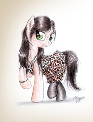 Size: 747x976 | Tagged: safe, artist:magfen, oc, oc only, oc:kicia, earth pony, pony, blushing, bracelet, clothes, dress, female, freckles, jewelry, mare, solo, stockings, traditional art