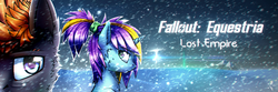 Size: 2160x720 | Tagged: safe, artist:justafallingstar, oc, oc only, oc:lore drive, oc:starfall spark, fallout equestria, fallout equestria: lost empire, blizzard, cover art, crystal empire, cyberpunk, hoofington, lighting, reflection, snow, snowfall, winter