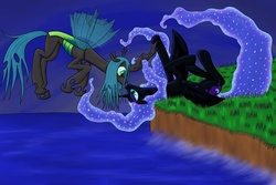 Size: 4380x2920 | Tagged: safe, artist:thegr8mc, nightmare moon, queen chrysalis, alicorn, changeling, changeling queen, pony, g4, eye contact, female, flying, lesbian, missing accessory, on back, ship:chrysmoon, shipping, water