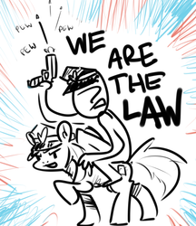 Size: 682x789 | Tagged: safe, artist:nobody, oc, oc only, oc:anon, oc:blue fuzz, human, gun, humans riding ponies, police, riding, shooting, sketch, weapon