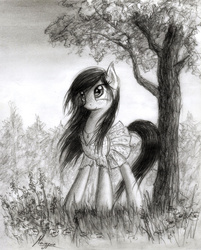Size: 900x1118 | Tagged: safe, artist:magfen, oc, oc only, oc:kicia, earth pony, pony, clothes, dress, field, forest, freckles, jewelry, necklace, solo, traditional art, tree