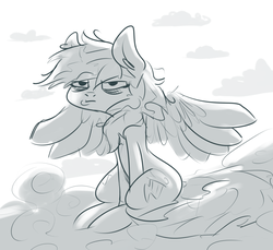 Size: 1280x1173 | Tagged: safe, artist:nobody, rainbow dash, g4, bags under eyes, cloud, female, messy mane, monochrome, sitting, solo, spread wings, tired