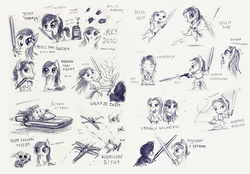 Size: 1762x1225 | Tagged: safe, artist:magfen, oc, oc only, oc:kicia, oc:magpie, pony, bipedal, blaster, chibi, crossover, jedi, lightsaber, monochrome, polish, r2-d2, sith, sketch, sketch dump, star wars, starfighter, the force, tie fighter, traditional art, weapon, x-wing, yoda