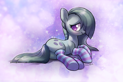 Size: 1838x1229 | Tagged: safe, artist:dawnfire, marble pie, earth pony, pony, g4, bedroom eyes, blushing, butt, clothes, colored pupils, cute, featureless crotch, female, hair over one eye, looking at you, looking back, lying, lying down, marblebetes, mare, on side, plot, smiling, socks, solo, striped socks, sweet dreams fuel