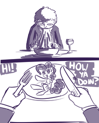 Size: 1280x1594 | Tagged: safe, artist:nobody, pinkie pie, human, g4, comic, dialogue, fork, knife, micro, monochrome, plate, sweat