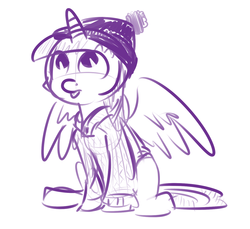 Size: 1280x1172 | Tagged: safe, artist:nobody, twilight sparkle, alicorn, pony, g4, clothes, cute, female, hat, monochrome, sketch, solo, spread wings, sweater, tongue out, toque, twilight sparkle (alicorn)