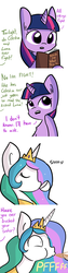 Size: 750x3000 | Tagged: safe, artist:tjpones, princess celestia, twilight sparkle, alicorn, pony, g4, book, comic, dialogue, female, innocent innuendo, innuendo, mare, offscreen character, reading, spit take, teacup, twilight sparkle (alicorn), wide eyes