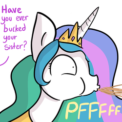 Size: 750x750 | Tagged: safe, artist:tjpones, princess celestia, twilight sparkle, alicorn, pony, g4, comic, dialogue, female, innocent innuendo, offscreen character, out of context, puffy cheeks, simple background, single panel, solo, spit take, twilight sparkle (alicorn), white background, wide eyes