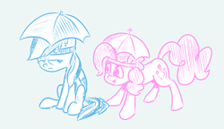 Size: 1280x736 | Tagged: safe, artist:nobody, pinkie pie, rainbow dash, feeling pinkie keen, g4, hat, limited palette, sketch, umbrella hat