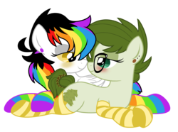 Size: 5109x3803 | Tagged: safe, artist:lostinthetrees, oc, oc only, oc:trees, clothes, female, lesbian, oc x oc, prone, rainbow socks, shipping, socks, striped socks