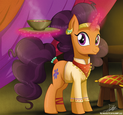 Size: 1871x1742 | Tagged: safe, artist:the-butch-x, saffron masala, pony, unicorn, g4, spice up your life, bandana, chef, clothes, cute, female, food, indian, indian pony, looking at you, magic, magic aura, mare, signature, smiling, solo, soup, steam, telekinesis, tray