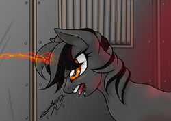 Size: 1024x724 | Tagged: safe, artist:ravvij, oc, oc only, oc:berceuse lune, pony, fallout equestria, eye, female, hallway, magic, mane, mare, metal, screaming, solo, spell, stable, stable (vault), vault, yelling