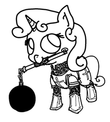 Size: 936x1033 | Tagged: safe, artist:nobody, sweetie belle, g4, armor, chainmail, cute, female, flail, monochrome, mouth hold, solo, weapon