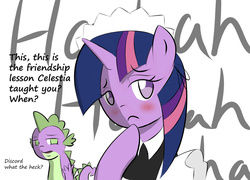 Size: 900x649 | Tagged: safe, artist:yuwentaiji, spike, twilight sparkle, g4, blushing, clothes, implied discord, maid, text